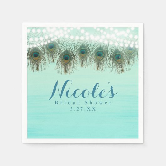 Peacock Feathers & String Lights Rustic Party Servetten (Voorkant)