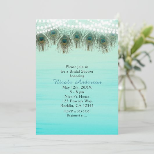 Peacock Feathers & String Lights Rustige Uitnodigi Kaart (Staand voorkant)