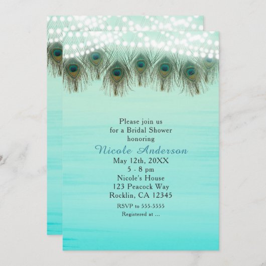 Peacock Feathers & String Lights Rustige Uitnodigi Kaart (Voorkant / Achterkant)