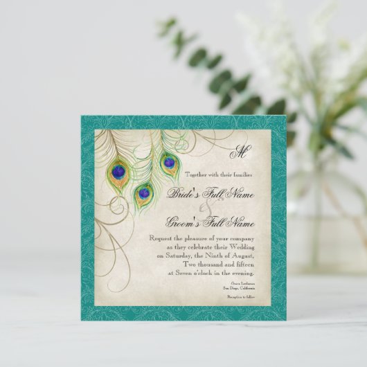 Peacock Feathers Trouwuitnodiging - Blauwgroen Bla Kaart (Staand voorkant)