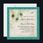 Peacock Feathers Trouwuitnodiging - Blauwgroen Bla Kaart<br><div class="desc">Dit is een eigentijdse,  verfijnde uitnodiging. Met gestileerde,  handgekleurde Peacock veren,  op een handgeschilderde kant en perkament achtergrond met uw keuze van achtergrond rand kleur,  hier weergegeven in aqua blauw. U KUNT OOK GENIETEN VAN: COMPLEET COLLECTIE OP:http://www.zazzle.com/audreyjeanne/gifts?cg=196290129138184832 UITNODIGINGEN: RSVP RESPONSE KAART: RECEPTIE: ORNAMENTEN: BRUIDSJUWELEN,  KETTING: IPAD: IPHONE CASE:</div>