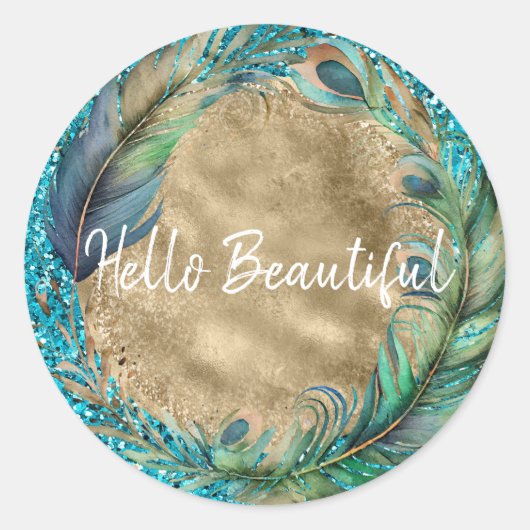 Peacock Feathers Turquoise Blue Glitter Ronde Sticker (Voorkant)