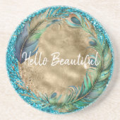 Peacock Feathers Turquoise Blue Glitter Zandsteen Onderzetter (Voorkant)