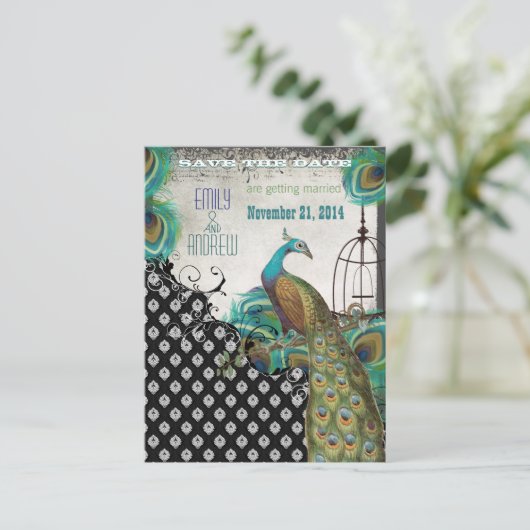 Peacock Feathers Vogelkooi Save the Date Aankondigingskaart (Staand voorkant)
