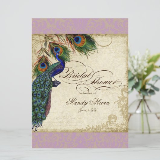 Peacock & Feathers Vrijgezellenfeest Nodig Lavende Kaart (Staand voorkant)