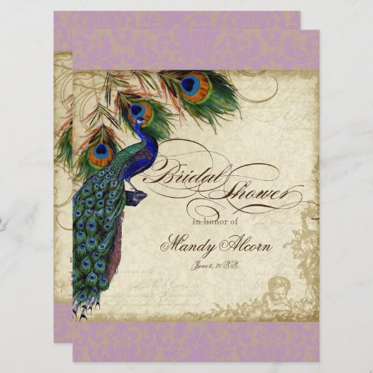 Peacock & Feathers Vrijgezellenfeest Nodig Lavende Kaart (Voorkant / Achterkant)