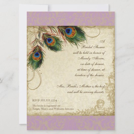 Peacock & Feathers Vrijgezellenfeest Nodig Lavende Kaart (Achterkant)
