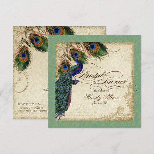 Peacock & Feathers Vrijgezellenfeest nodigt Groen  Kaart (Voorkant / Achterkant)