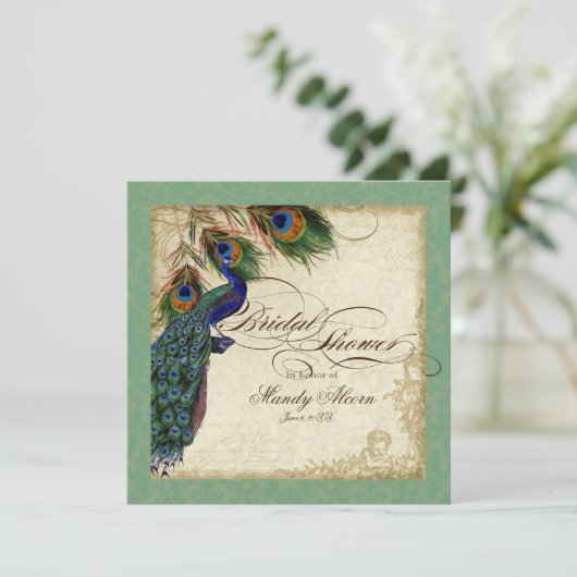 Peacock & Feathers Vrijgezellenfeest nodigt Groen Kaart (Staand voorkant)