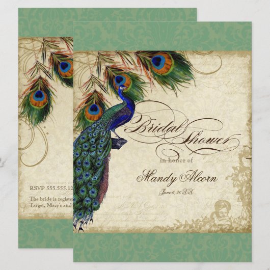 Peacock & Feathers Vrijgezellenfeest nodigt Groen Kaart (Voorkant / Achterkant)