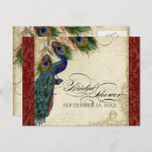 Peacock & Feathers Vrijgezellenfeest Rood Uitnodiging Briefkaart (Voorkant / Achterkant)