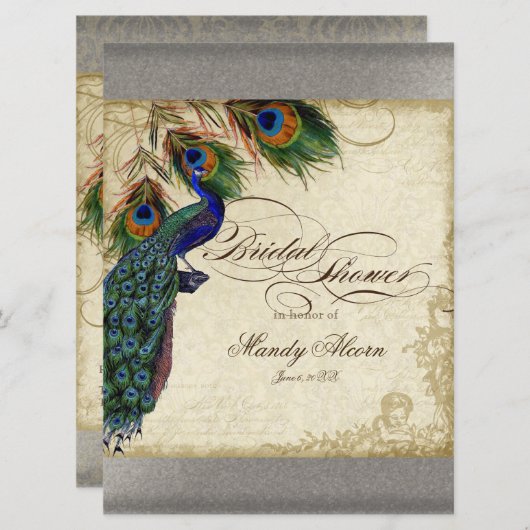 Peacock & Feathers Vrijgezellenfeest Silver Metall Kaart (Voorkant / Achterkant)