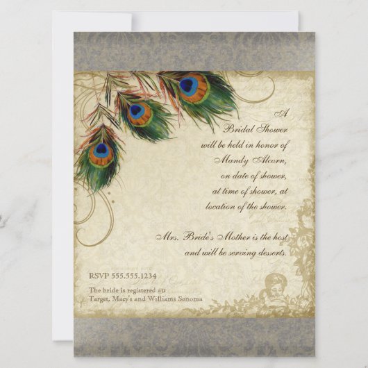 Peacock & Feathers Vrijgezellenfeest Silver Metall Kaart (Achterkant)