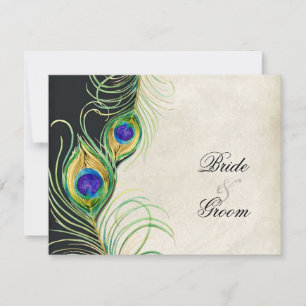 Peacock Feathers Waterverf Black Tan Damask RSVP Kaartje