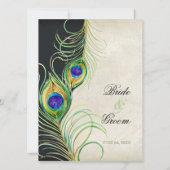 Peacock Feathers Waterverf Zwart Damask Bruiloft Kaart (Achterkant)