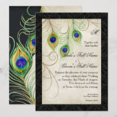 Peacock Feathers Waterverf Zwart Damask Bruiloft Kaart (Voorkant / Achterkant)