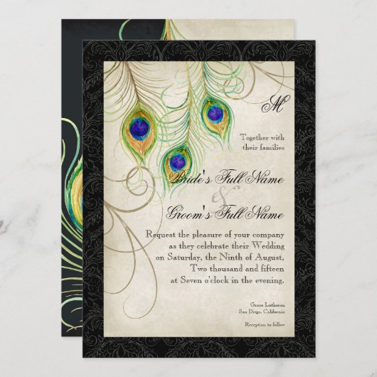 Peacock Feathers Waterverf Zwart Damask Bruiloft Kaart (Voorkant / Achterkant)