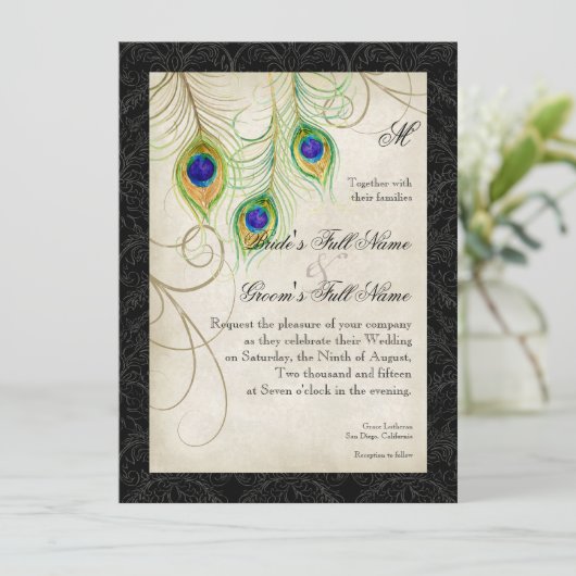 Peacock Feathers Waterverf Zwart Damask Bruiloft Kaart (Staand voorkant)