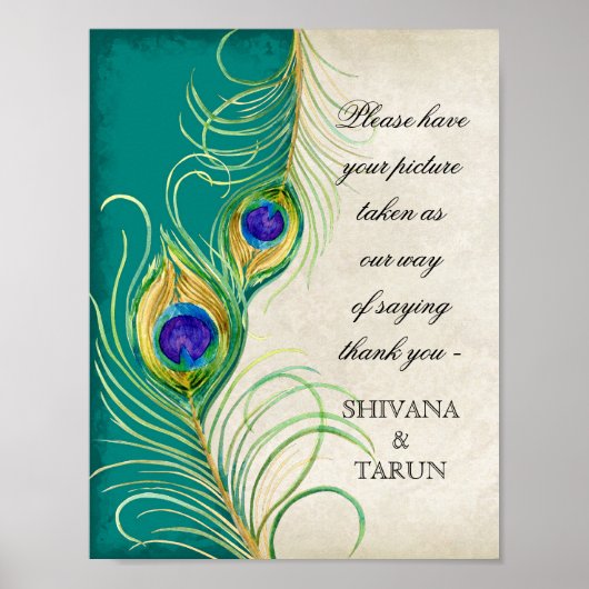 Peacock Feathers Weddenschap Fotografie Booth Sign Poster (Voorkant)