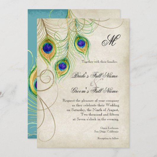 Peacock Feathers Weddenschap Kaart (Voorkant / Achterkant)