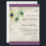 Peacock Feathers Weddenschap Kaart<br><div class="desc">Dit is een moderne,  geavanceerde uitnodiging. Met gestileerde,  met de hand waterkleurige Peacock-veren,  op een handbeschilderde kant en op een parkachtergrond met uw keuze uit achtergrondkleur,  hier in het zwart weergegeven. U KUNT OOK BIJDRAGEN AAN:</div>