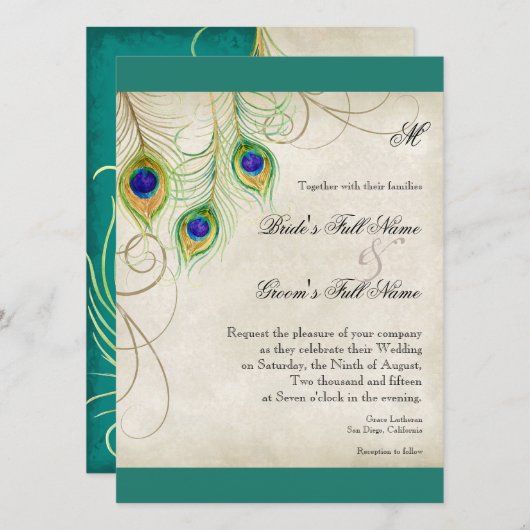 Peacock Feathers Weddenschap Kaart (Voorkant / Achterkant)