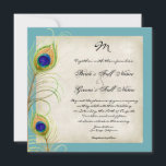 Peacock Feathers Weddenschap Kaart<br><div class="desc">Dit is een eigentijdse, verfijnde uitnodiging. Met gestileerde, handgekleurde pauwenveren met uw keuze van achtergrondkleur, hier weergegeven in pauwenblauw. Ook verkrijgbaar in een aangepaste kleurversie waar u elke kleur kunt plaatsen waar de achtergrondkleur nu is. Selecteer tijdens het aanpassen "bewerken" en selecteer achtergrond in het dropdown menu. U kunt elke...</div>