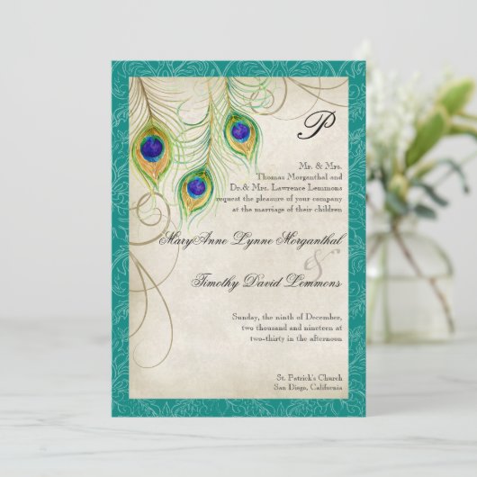Peacock Feathers Weddenschap Kaart (Staand voorkant)