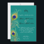 Peacock Feathers Weddenschap Kaart<br><div class="desc">Dit is een eigentijdse, verfijnde uitnodiging. Met gestileerde, handgekleurde pauwenveren met uw keuze van achtergrondkleur, hier weergegeven in pauwendonkerblauw. Ook verkrijgbaar in een aangepaste kleurversie waar u elke kleur kunt plaatsen waar de achtergrondkleur nu is. Selecteer tijdens het aanpassen "bewerken" en selecteer achtergrond in het dropdown menu. U kunt elke...</div>