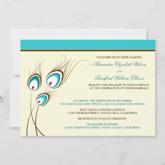 Peacock Feathers Wedding Invitation (aqua) Kaart (Voorkant)