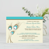 Peacock Feathers Wedding Invitation (aqua) Kaart (Staand voorkant)