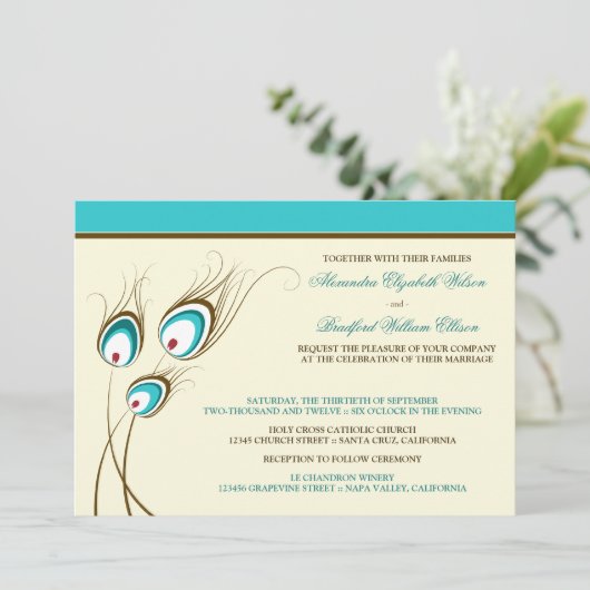 Peacock Feathers Wedding Invitation (aqua) Kaart (Staand voorkant)