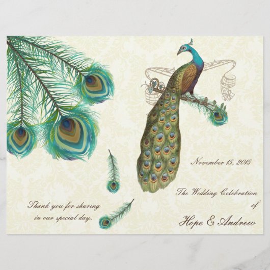 Peacock Feathers Wedding Programme on Damask (Voorkant)