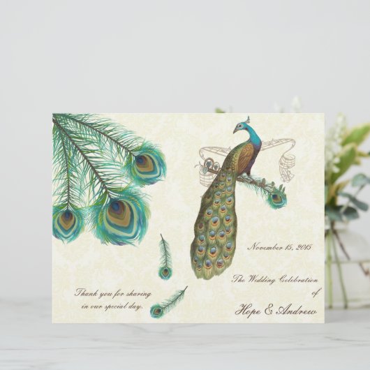 Peacock Feathers Wedding Programme on Damask (Staand voorkant)