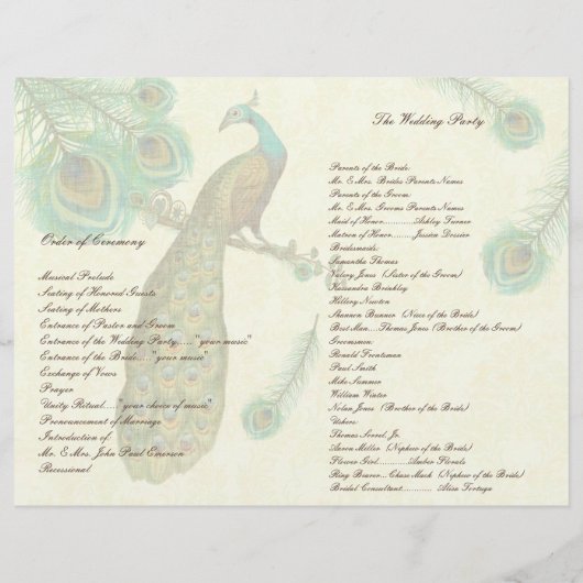 Peacock Feathers Wedding Programme on Damask (Achterkant)
