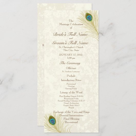 Peacock Feathers Wedding Programme Programmakaart (Voorkant / Achterkant)