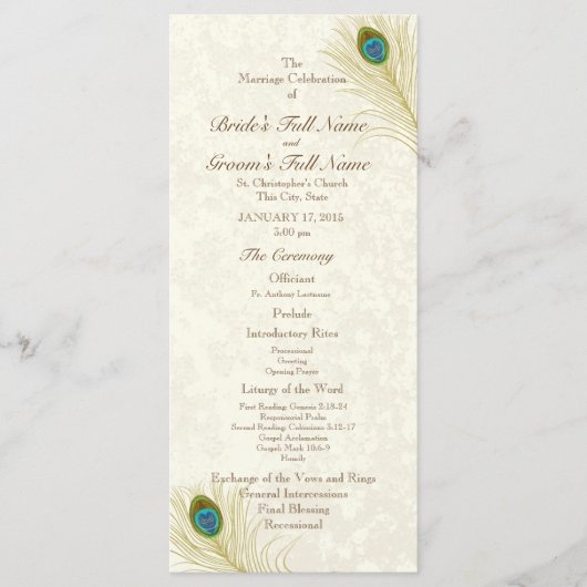 Peacock Feathers Wedding Programme Programmakaart (Voorkant)