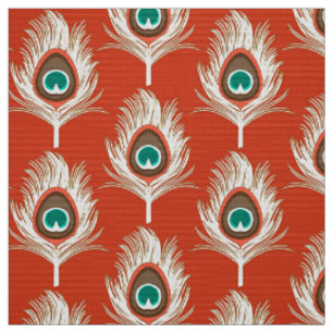Peacock Feathers, White on Mandarin Oranje Stof