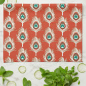 Peacock Feathers, White on Mandarin Oranje Theedoek (Gevouwen)