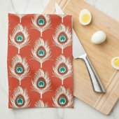 Peacock Feathers, White on Mandarin Oranje Theedoek (Quarter Fold)