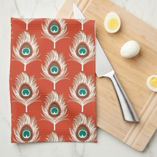 Peacock Feathers, White on Mandarin Oranje Theedoek (Quarter Fold)