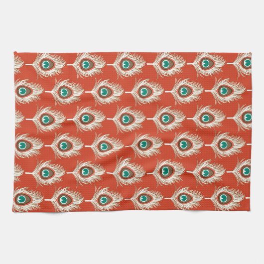 Peacock Feathers, White on Mandarin Oranje Theedoek (Horizontaal)