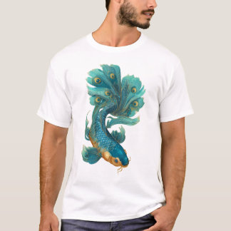 Peacock fin koi in turquoise en goud t-shirt