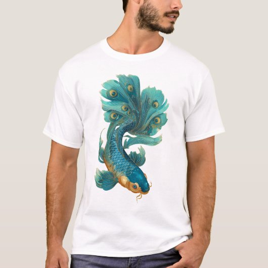 Peacock fin koi in turquoise en goud t-shirt (Voorkant)