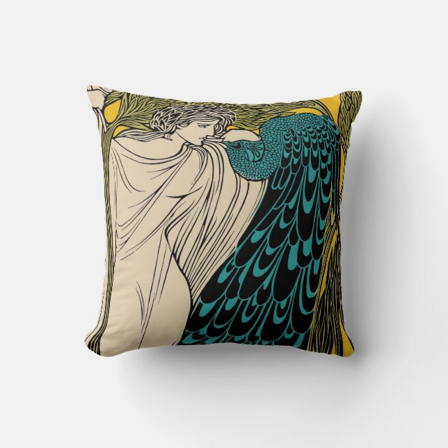 Peacock Fine Art Bird Nouveau Kussen (Voorkant)