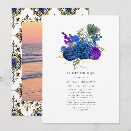  Peacock Floral Celebration of Life Kaart (Voorkant / Achterkant)