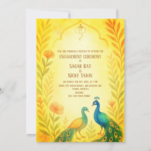Peacock Floral Indian Hindu Verloving Ceremonie Kaart (Voorkant)