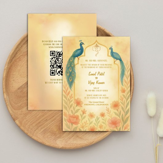 Peacock Floral Indian Hindu Wedding QR-code Kaart