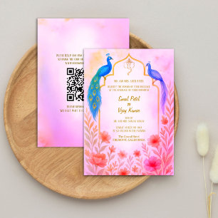 Peacock Floral Indian Hindu Wedding QR-code Kaart