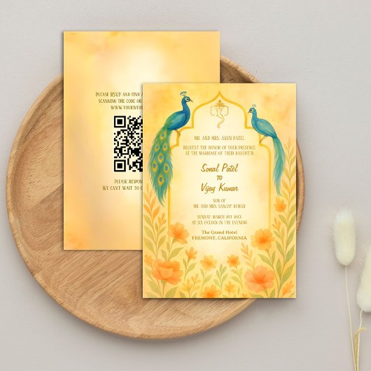 Peacock Floral Indian Hindu Wedding QR-code Kaart